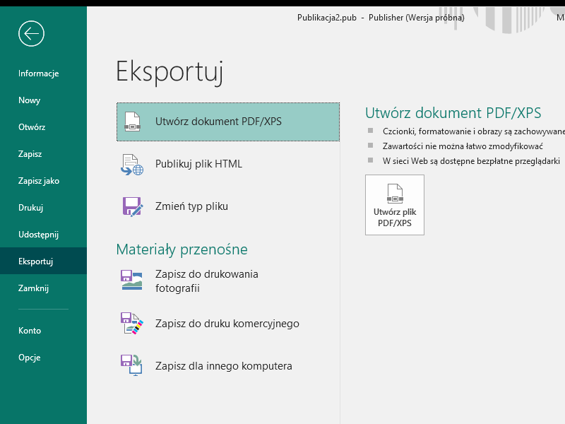 Eksport PDF z programu Publisher