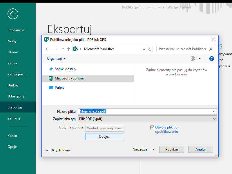 Eksport książki do PDF z Microsoft Publisher