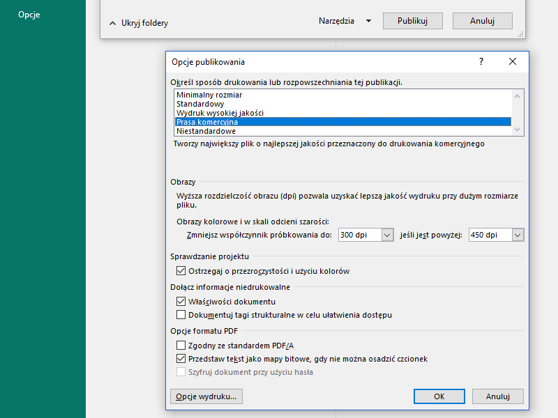 Eksport książki do PDF z Microsoft Publisher w celu wydruku w drukarni