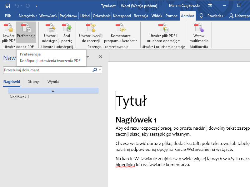 Eksport książki do PDF z Microsoft Word w celu wydruku w drukarni