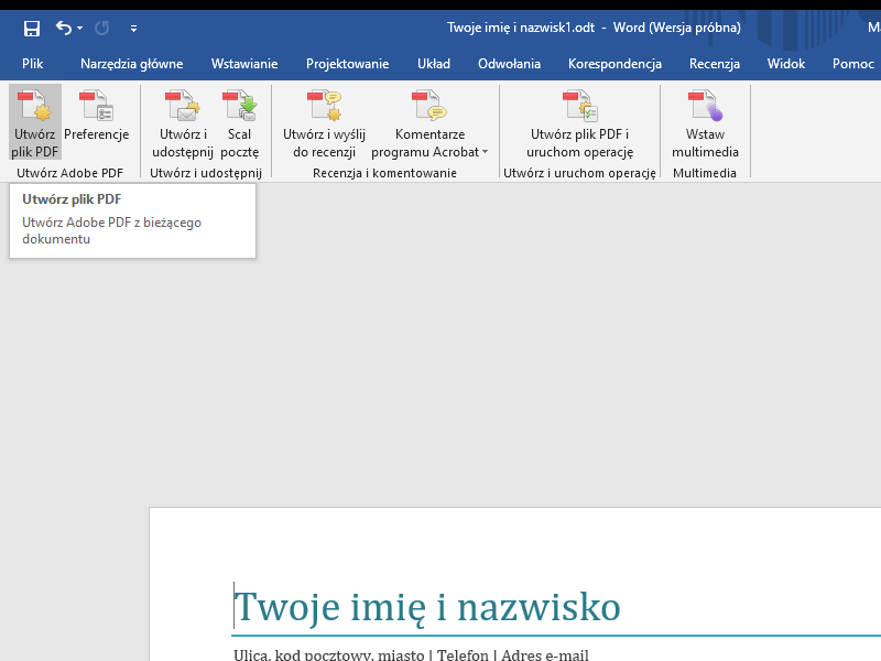 Eksport książki do PDF z Microsoft Word w celu wydruku w drukarni