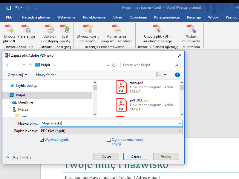 Eksport książki do PDF z Microsoft Word w celu wydruku w drukarni