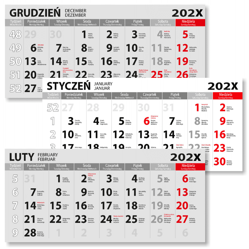 Czytelne kalendarium trójdzielne z imieninami i opisem ważnych dni w roku.