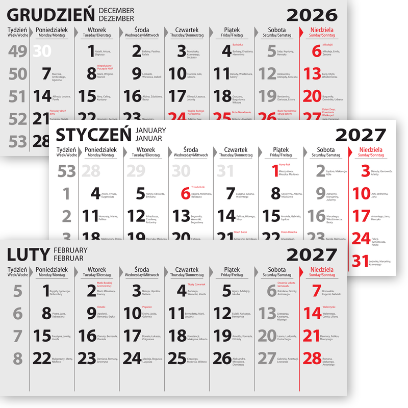 Czytelne kalendarium trójdzielne z imieninami i opisem ważnych dni w roku.