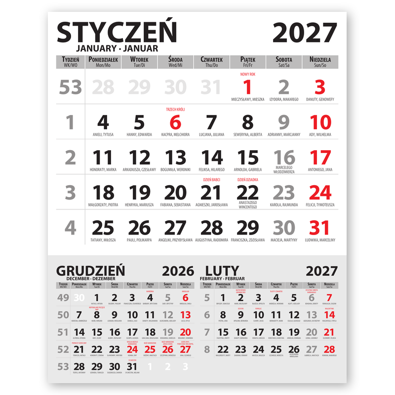 Czytelne kalendarium jednodzielne z imieninami i opisem ważnych dni w roku.