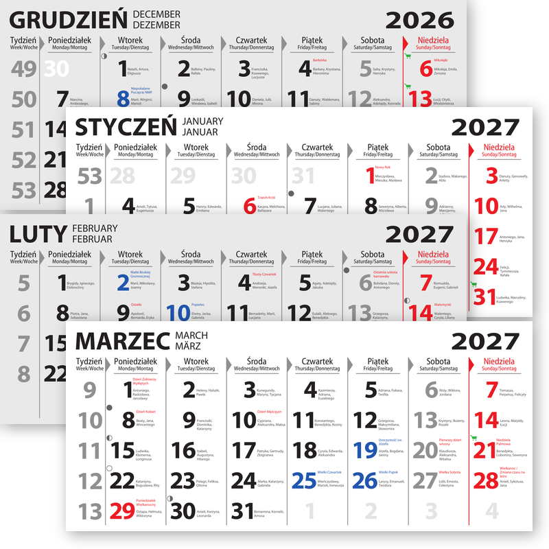 kalendarium czterodzielne specjalne: z imieninami, opisem ważnych dni w roku, niedzielami handlowymi, fazami księżyca oraz oznaczeniem świąt katolickich nie wolnych od pracy. <br> Wymiary 315x140 mm