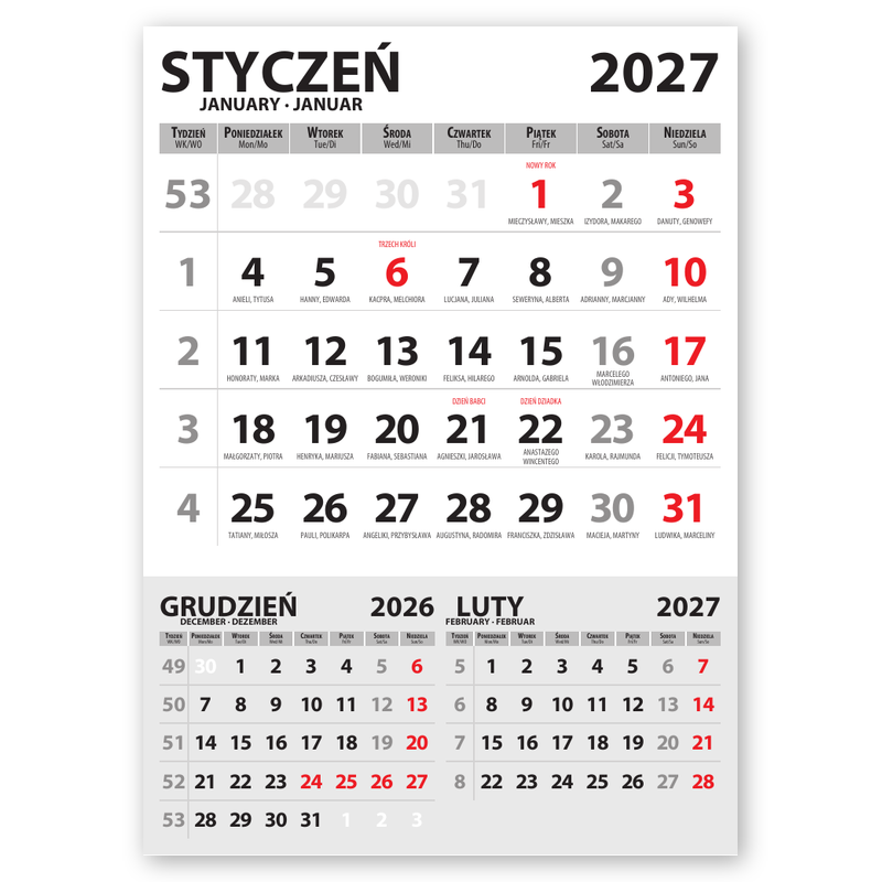 kalendarium jednodzielne biurkowe z opisem ważnych dni w roku.<br> Wymiary 85x120 mm
