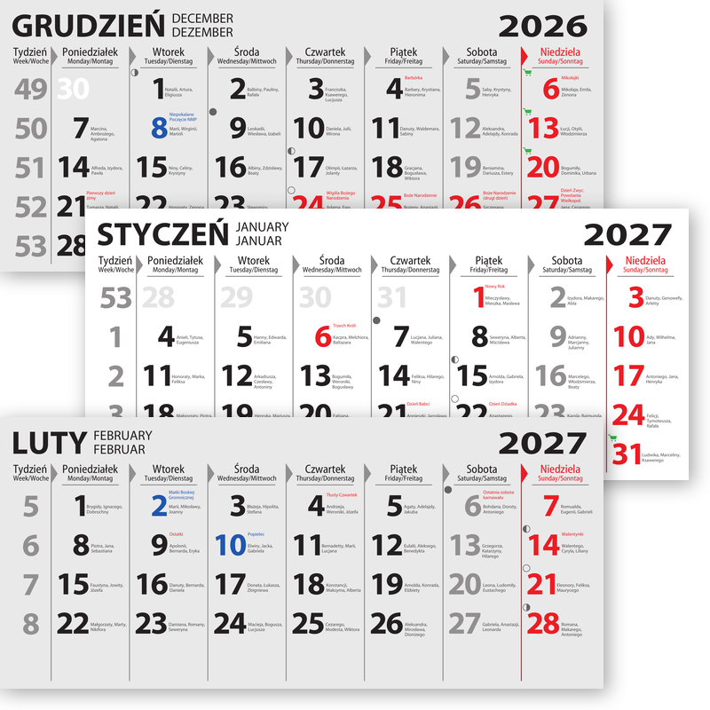 kalendarium trójdzielne specjalne: z imieninami, opisem ważnych dni w roku, niedzielami handlowymi, fazami księżyca oraz oznaczeniem świąt katolickich nie wolnych od pracy. <br> Wymiary 315x140 mm