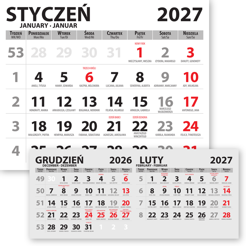 Czytelne kalendarium dwudzielne z imieninami i oznaczeniem ważnych dni w roku.
